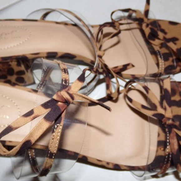 LADIES COMFORT SANDALS LEOPARD DESIGN WITH TIES BLACK BROWN SIZE 10M NWOT - Picture 2 of 8